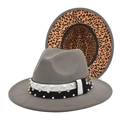 Gray felt fedora hat with leopard print underbrim, pearl and rhinestone band details - M (56-58cm) / Light Gray