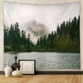 Detailed landscape tapestry showing misty forest mountains and a serene lake reflection - Cool Forest Lake Mountain (GT250008) / 73X95CM (Cross-border Brushed)