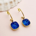 French vintage gold earrings featuring deep blue square zircon and long hooks - Dark Blue