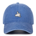 Close-up of Shaka gesture white embroidery on vintage washed blue cotton baseball cap - Light Blue