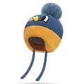 Blue and yellow knit winter hat for kids with ear flaps and cute cartoon face - Navy Blue