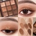 Macro shot of 9-color earthy tone eyeshadow palette showing matte and glitter textures - No. 01 Daily Earth Tones