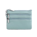 Light blue genuine leather coin purse with three zipper pockets and a silver keychain - Sky Blue