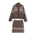 Bruine gebreide set met vest en rok voorzien van jacquard pony- en sneeuwvlokpatronen - S / camel