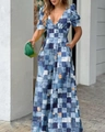 Detailed patchwork print on a high-waisted V-neck jumpsuit with side pockets - S / Denim Blue Print