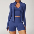 Ensemble de yoga 3 pièces bleu brume avec veste côtelée, débardeur en V et short de sport - S / Haut Et Bas / Ensemble 3 Pièces (Soutien-Gorge+Short+Veste) / Violet Marbré