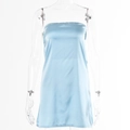 Detail of light blue strapless bodycon dress with silk-like glossy finish texture - L / Blue
