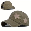 Detailed close-up of distressed army green baseball cap with sequin stars and ponytail hole - One Size(Adjustable) / Army Green