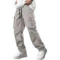 Men's loose multi-pocket cargo pants in light grey with adjustable drawstring waist - Grayish White