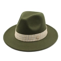 Macro detail of dark olive wool fedora with woven band and gold metal M charm - Army Green