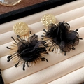 Exaggerated black chiffon flower stud earrings with hammered gold disc and ray accents - Silver Post Style (2#) / Gold-Black