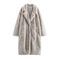 Women's elegant long faux fur coat in dusty pink with classic lapel and fluffy texture - XS / Light Gray