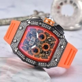 Luxury tonneau quartz chronograph watch with diamond bezel and orange rubber strap - Orange Dial Black Case Orange Strap