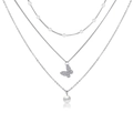 Three-layer silver necklace with butterfly pendant and elegant white pearls decoration - Silver Butterfly Pearl Three-Layer Necklace