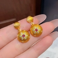 24k gold plated round earrings with red gemstone and cubic zirconia in a macro view - Silver Earring Post - Gold (Real Gold Plated)