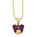 Cute teddy bear pendant necklace with purple zircons and gold plated bead chain - Rose Red