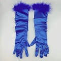 Elegant long blue satin gloves with soft feather trim on cuffs for women's party wear - 53cm / Blue