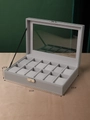 Gray 12-slot leather watch box with glass lid and lock, 30x20x8 cm dimensions - 12-Slot Grey Watch Box with Lock