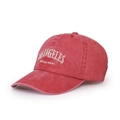 Macro detail of red washed baseball cap featuring white Los Angeles vintage embroidery - Watermelon red