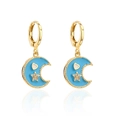 Detailed view of 18K gold plated hoop earrings with blue enamel moon and star charms - Blue Enamel Crescent (42013)