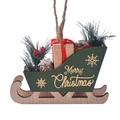 Slitta natalizia in legno verde con scritta Merry Christmas e pigne decorative - Verde