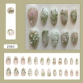 Elegant 24pcs almond press-on nails with 3D floral tulip patterns and pearl rhinestones - Z961 Field Lily of the Valley [Glue Style]