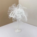 Elegant white bridal hairpiece with polka dot mesh, feathers, and floral accents - White