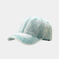 Detail shot of vintage washed denim fabric texture and stitching on a light blue baseball cap - Adjustable / Light Blue
