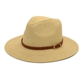Beige straw panama hat with brown leather belt and gold buckle for summer sun protection - Beige