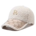 Plush teddy fleece baseball cap with gold embroidered R letter and rhinestone brim detail - Light Beige