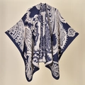 Close-up of blue and white paisley pattern on a knitted warm winter shawl - 130x150cm / Paisley Navy Blue