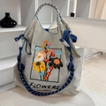 Detail of cream nylon bucket bag with floral embroidery and blue woven handle - Blue-gray Frame Flowers (Without Shoulder Strap)