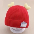 Red knit baby hat with yellow hearts and cartoon rabbit patch for winter - One Size / GOOD Heart Style / Red