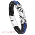 Mens woven leather bracelet with blue accents and silver alloy clasp length 22.5cm - 22.5CM / Black and Blue