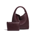 Handwoven burgundy leather hobo bag and matching pouch set with classic weave texture - Fuschia