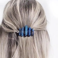 Handmade natural blue crystal hair clip with wire wrap design on blonde hair for women - Dark Blue Silver