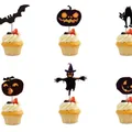 Halloween party cupcake toppers featuring pumpkin, bat, cat, and scarecrow designs - 12 Small Cupcake Toppers