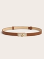 Macro shot of brown cross-grain leather belt with a gold rhinestone-encrusted turn-lock buckle - Rhinestone Buckle (Gold) Cross Pattern Adjustable Belt (Brown)