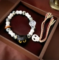 French vintage bracelet with spotted beads, black cat pendant and colorful tassels - 104# Bracelet-Black-White-Cat Head-Tassel