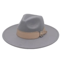 Detailed close-up of wide brim grey fedora with camel leather belt and silver buckle - Light Gray