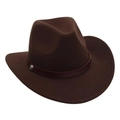 Detail view of coffee brown felt cowboy hat featuring leather strap and metal buckle - One Size / Coffee