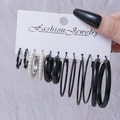 Set of 6 pairs of minimalist black C-shape earrings and pearl studs on display card - Black Silver Pearl Mixed Set (E1664-1)