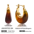 Amber tortoiseshell resin U-shaped earrings with gold stainless steel finish - Amber Brown (JDE0307031-BR)
