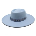 Light blue wide brim wool fedora hat with ethnic geometric ribbon on white background - M / Sky Blue