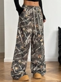 Detail of high waist brown leaf camouflage wide leg pants with adjustable drawstring - S / Branch Pattern GK24
