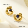 Macro shot of 18K gold C-shape steel earring with natural blue stone and wavy texture - Dark Blue Lapis Lazuli Texture Style (NMSE-B818-4)