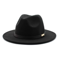 Classic black wide brim wool jazz fedora hat with elegant leather band and gold buckle - M (56-58cm) / Black