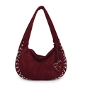 Deep burgundy rivets hobo bag in suede texture with heart charm and silver studs - Red