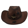 Dark brown straw cowboy hat with metallic bull head and black star prints - One Size (Gradient Star) / Coffee with Windproof Rope (Bronze Bull)