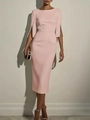 Detailed view of split cuffs with elegant pearl beads on a pink slim fit midi dress - S / Pink